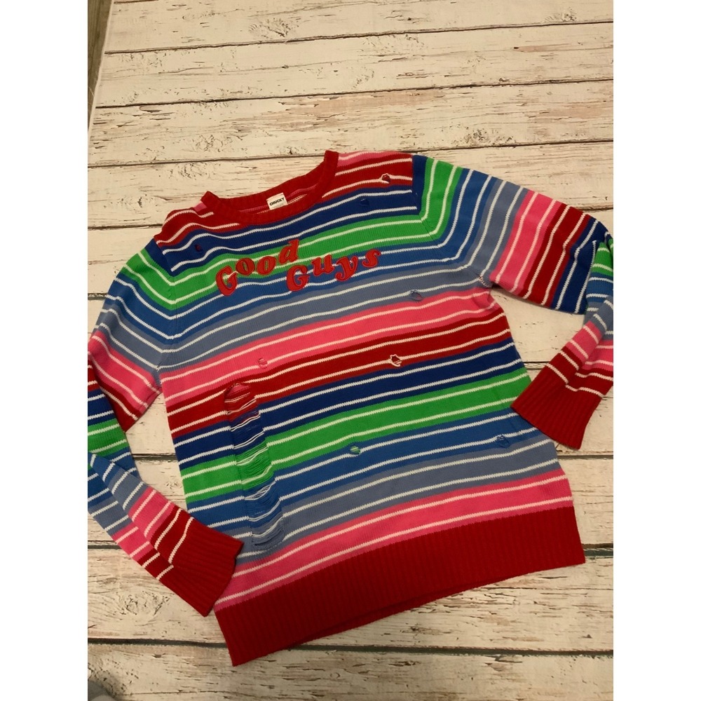 Chucky Good Guys Striped Distressed Knit Sweater Large Child's Play Horror Movie